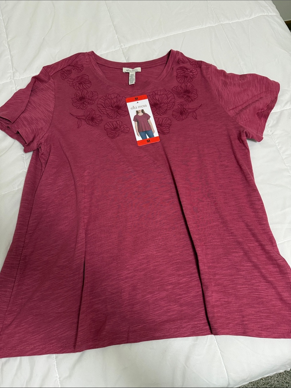 Ella Moss Rose Pink Short-Sleeve Scoop Neck Tee with Floral Embroidery